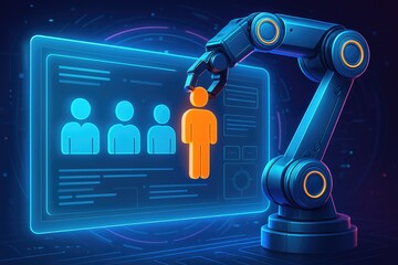 Robotic Arm Selecting an Orange Human Icon from a Digital Display of People automation artificial intelligence