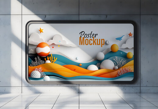 Horizontal 3D Paper Cut Ocean Poster Mockup
