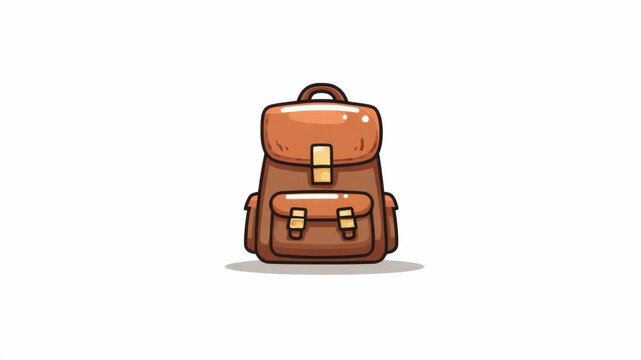 Brown leather backpack with golden buckles illustrated in cartoon style on white background, concept of travel or adventure gear