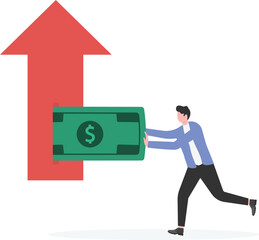 Businessman pushes gold coins into the rising arrow, takes out the gold coins inside when the arrow falls,
