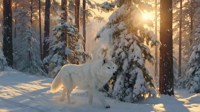 White Wolf Walking Through Snowy Winter Forest at Sunrise