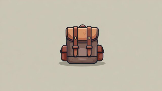 Cartoon style brown leather backpack with front buckles and side pockets on plain beige background, symbolizing travel and adventure