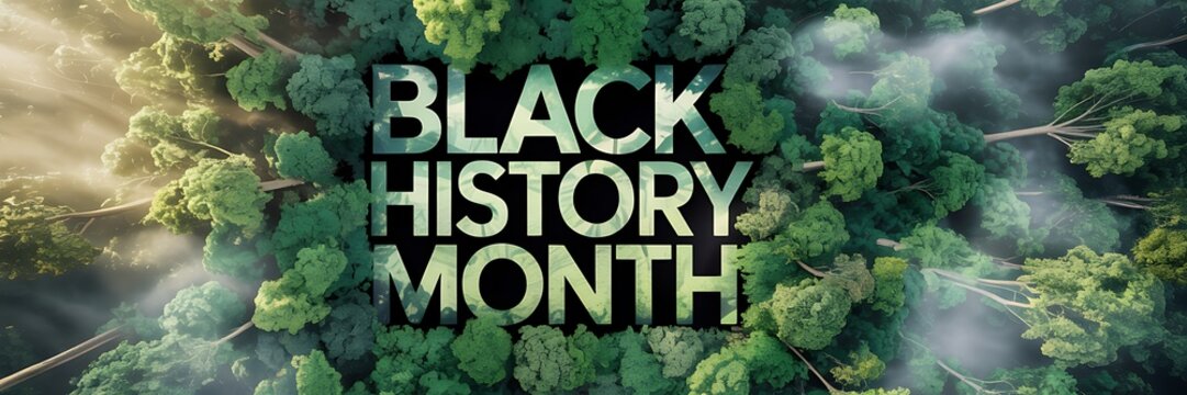 Black history month typography poster surrounded by lush green forest canopy with cinematic sunlight and mist - Powered by Adobe