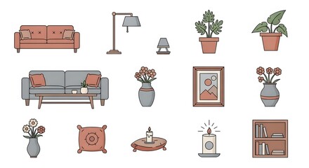 Modern vector home decor icons. Minimalist line art illustrations of furniture, lamps, plants, and accents for contemporary interior design