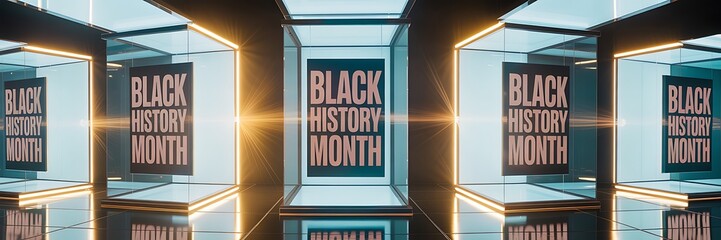Modern black history month poster display inside illuminated glass frames with symmetrical futuristic exhibition design