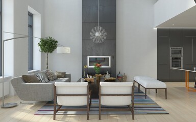Obraz premium Modern living room interior with fireplace and kitchen. 3d render of luxury home design