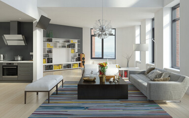 Modern open plan living room interior with kitchen. 3D render of contemporary apartment