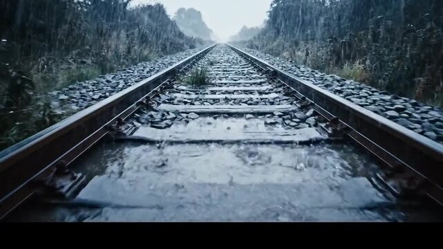 Dramatic Journey on Wet Railroad Tracks Beneath the Overcast Skies