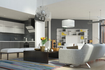 Modern open plan living room and kitchen interior. 3D render of contemporary home design