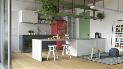 Modern industrial kitchen interior with red fridge and green shelving. 3D render design