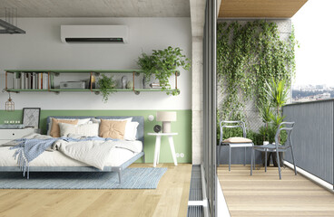 Modern bedroom interior with balcony and air conditioner. 3d render of green home design