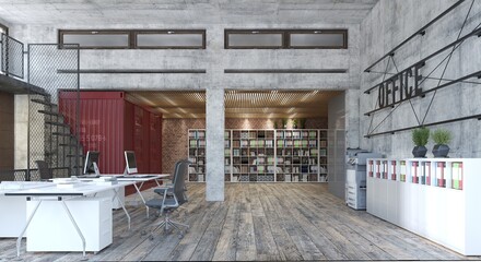 Industrial loft office with concrete walls and red shipping container. Modern 3D render