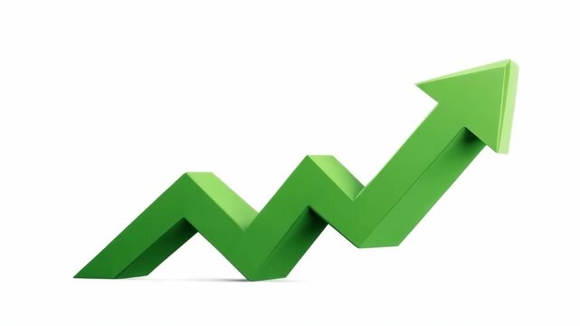 Green zigzag arrow pointing upward, realistic style, isolated on white background. Concept of business growth, success, and financial progress