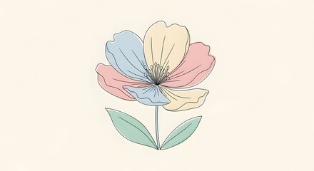 Fototapeta premium A delightful pastel flower illustration showcasing soft, muted hues in a minimalist line art style, perfect for serene and aesthetic graphic design projects