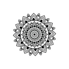 Intricate black and white mandala design featuring symmetrical floral elements and concentric patterns.