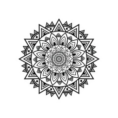 Intricate circular mandala design with floral and geometric elements in black and white line art