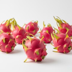 Group of Whole Ripe Dragon Fruits Isolated on White Surface