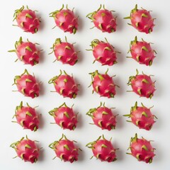 Twenty fresh and colorful pitaya fruits arranged on a plain background
