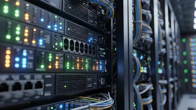 Close up view of server racks with blinking lights in a modern data center.