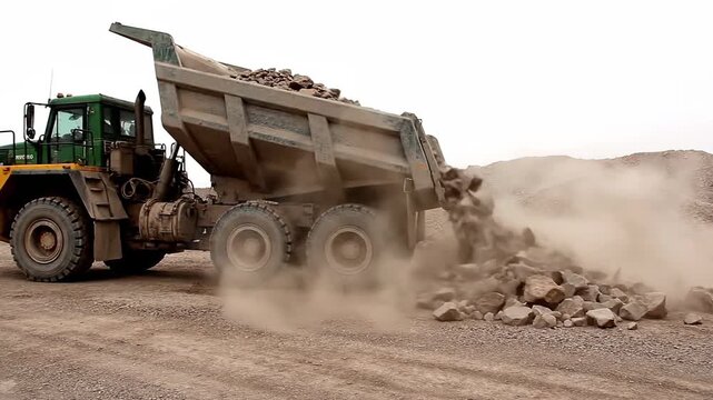 Loaded dump truck with rocks at a gravel pit, heavy industry, mining industry, transportation.