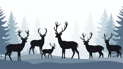 Obraz premium Majestic deer herd roaming forest landscape with pine trees