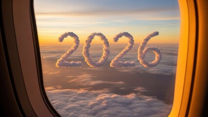 New year 2026 written in clouds outside airplane window