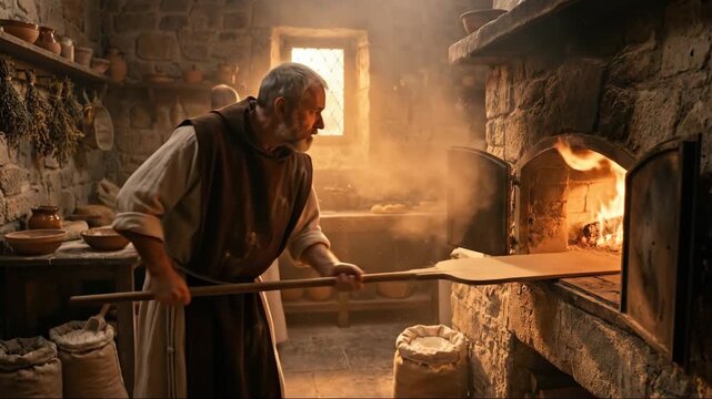 Older male monk puts bread into stone oven, then takes it out, another monk prepares dough for baking in monastery kitchen