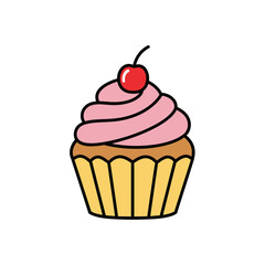 Delicious cupcake with pink frosting and cherry topping.