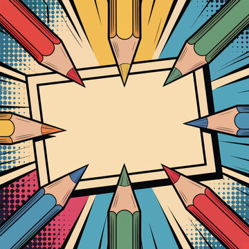 Colorful Pencils Arranged Around Empty Square Frame in Comic Book Style colored pencils