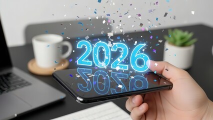 New year 2026 celebration on mobile phone screen