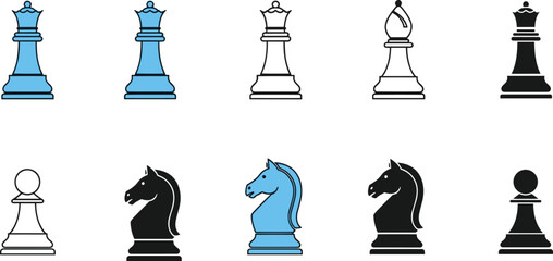 Stylized chess pieces collection, colorful game setup, blue white black chess set, strategy icons, rook knight queen bishop pawn © Hey There
