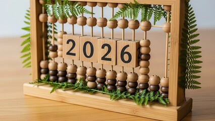 New year 2026 concept with wooden abacus and green leaves