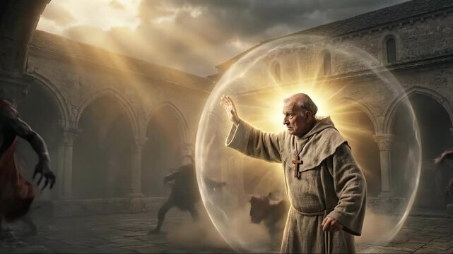 Monk creating a protective energy shield to repel demons within a monastery courtyard on a dramatic cloudy day