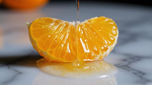 Juicy orange segment glistening with natural sugars and a drop of liquid on a marble surface, a refreshing citrus treat.