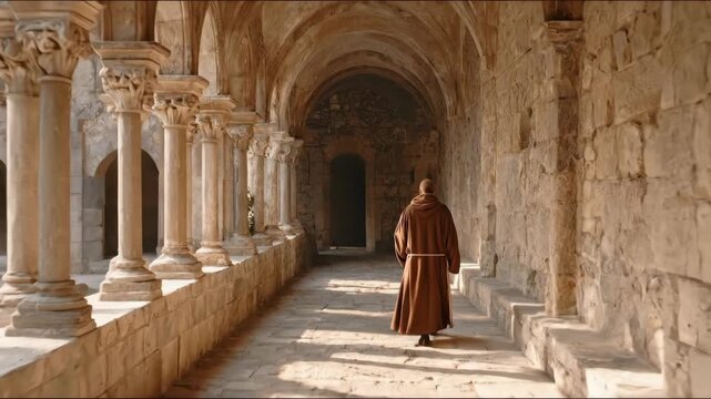 Monk in brown robe walking through an ancient monastery cloister full of pilasters and arched hallways