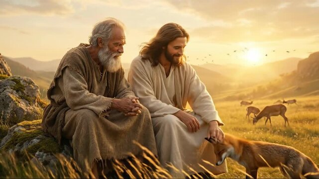 Jesus and an older man interacting with a fox amidst a golden sunset in a natural landscape with deer.