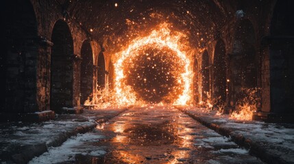 Fire and ice meet in a tunnel as flames create a circle of heat in a cold environment during a dramatic moment of contrast and action