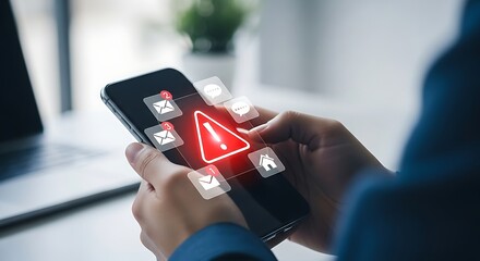 Mobile phone security alert with digital data risk warning sign