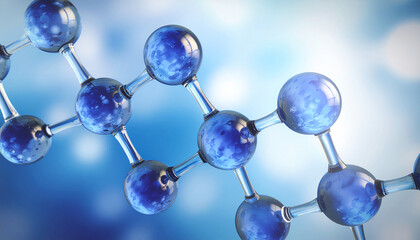 Abstract 3d render of a blue molecular structure illustrating organic atoms like carbon and hydrogen for pharmaceutical chemistry research and medical science