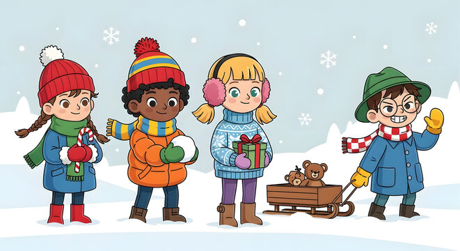 Four diverse children in winter clothes pulling a sled with a teddy bear on a snowy day