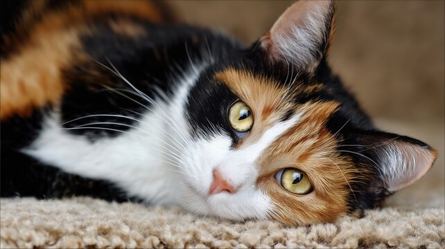 穏やかに横たわる三毛猫の表情。ペットや動物関連のビジュアル素材に最適な一枚。