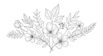 Obraz premium Elegant hand-drawn floral bouquet illustration with delicate blossoms and graceful leafy branches, perfect for wedding invitations, greeting cards, or refined graphic design