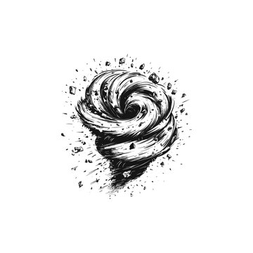 Powerful tornado and swirling hurricane wind vortex illustration in hand-drawn vintage etching style isolated on white background.