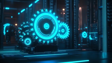 Futuristic server room with glowing blue gears and machinery, technology and innovation concept.