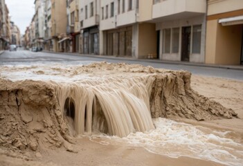 Residential area with homes tilted by soil liquefaction and water gushing out after an earthquake