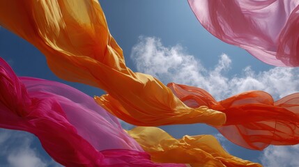 Colorful fabrics move in the wind under a bright sky with clouds in the background during a sunny day