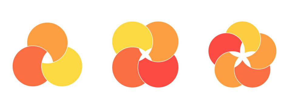 Graphical Venn diagram infographic sections. Overlapping circle shapes circles chart line set. Venn diagrams with overlapping circles, showing a common area, for infographic presentation