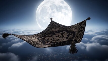Enchanted Magic Carpet Flying Over Clouds Under Full Moon 