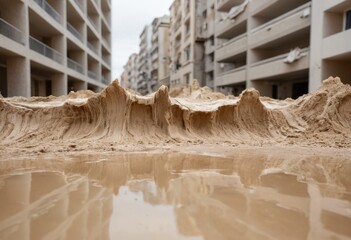 Residential area with homes tilted by soil liquefaction and water gushing out after an earthquake