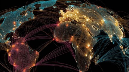 Global network map shows connections across continents with bright lines indicating data flow and interaction in various regions at night
